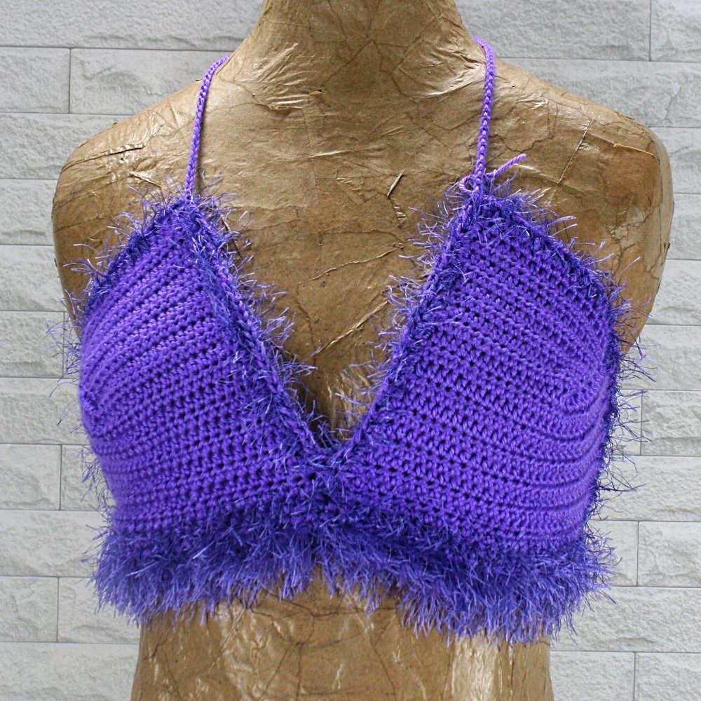 HAND CRAFTED Crop Top Crochet Bikini Fringe Halter Faux Fur Feather Purple - Picture 3 of 13